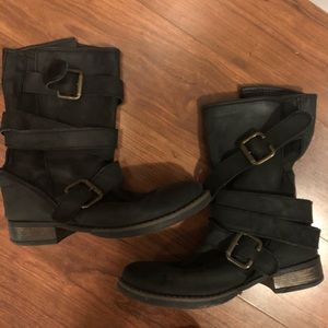 Steve Madden Dark Leather Moto Boots with Buckles
